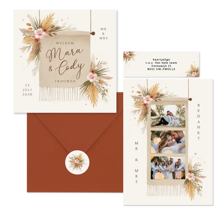 Trouwkaarten romantisch bohemian droogbloemen en gras