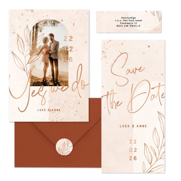 Trouwset bohemian lichtroze met koper