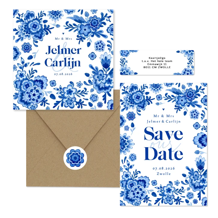 Trouwkaarten Delfts blauw bloemen origineel