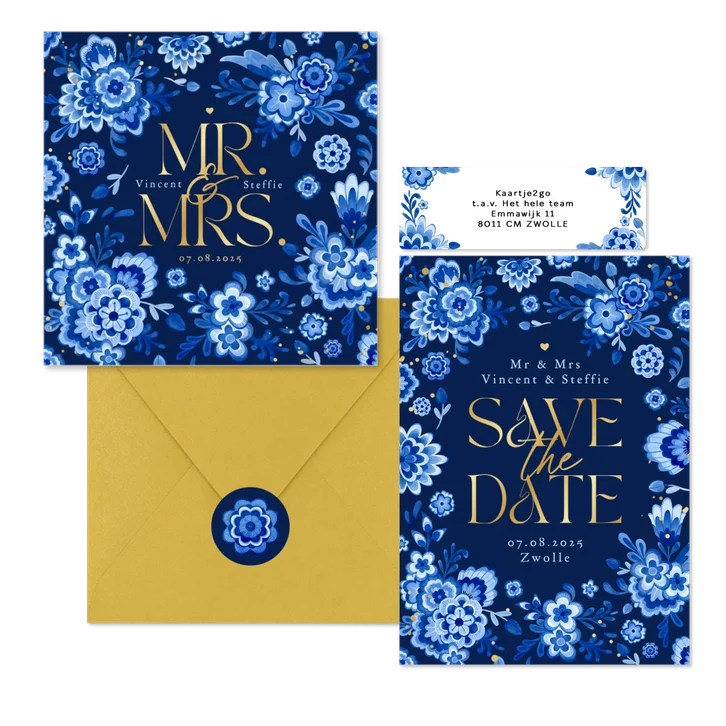 Trouwset Delftsblauw donker goud bloemen