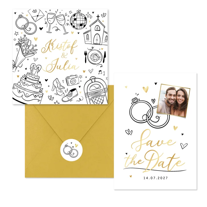 Trouwset doodle illustratie tijdlijn goud