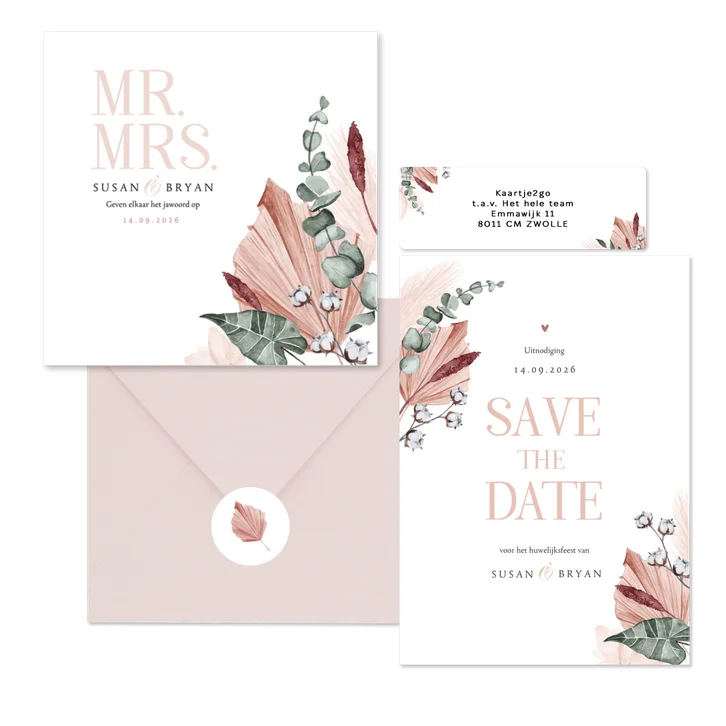 Trouwset droogbloemen roze geschilderd