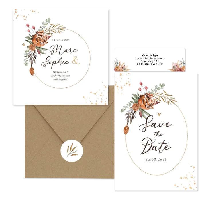 Droogbloemen trouwset met goudaccenten