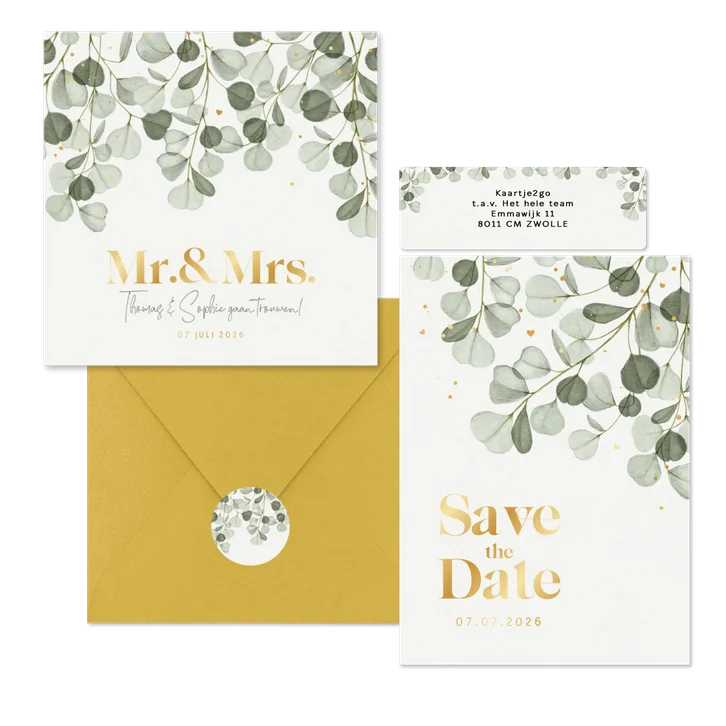 Trouwset eucalyptus groene achtergrond goud