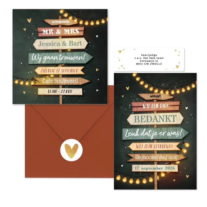 Trouwkaarten set festival wegwijzers hout lampjes