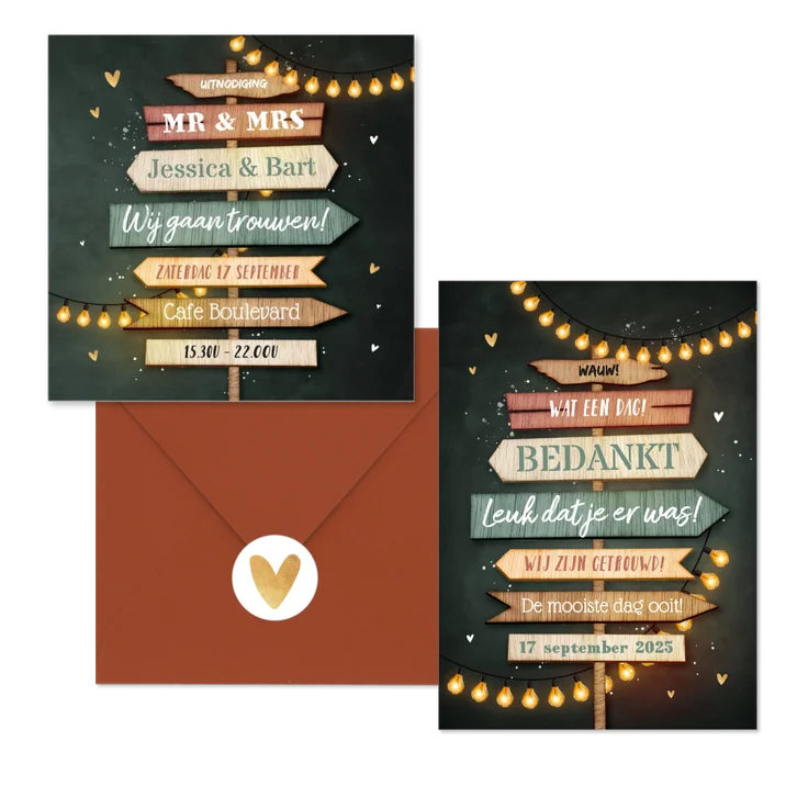 Trouwkaarten set festival wegwijzers hout lampjes