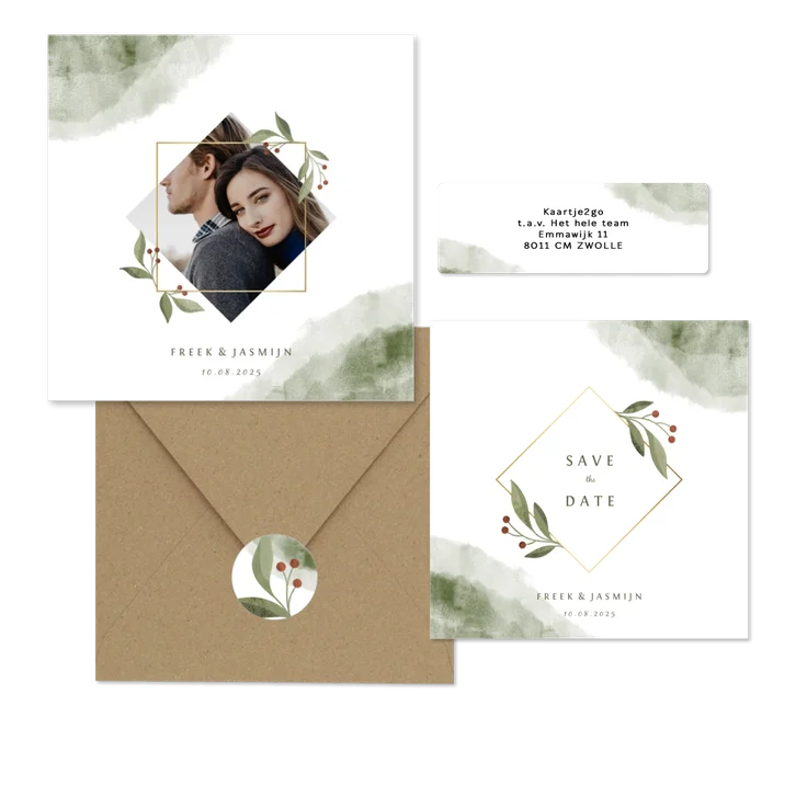 Botanische trouwset met takje groene aquarel