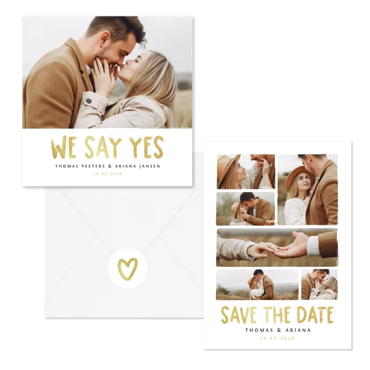 Moderne trouwset fotocollage goud met iconen