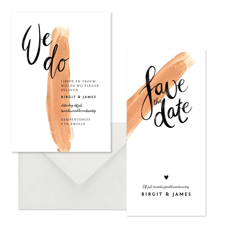 Trendy trouwset goudverf en kalligrafie