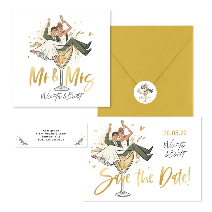 Grappig - trouwkaarten cartoon bruidspaar champagne