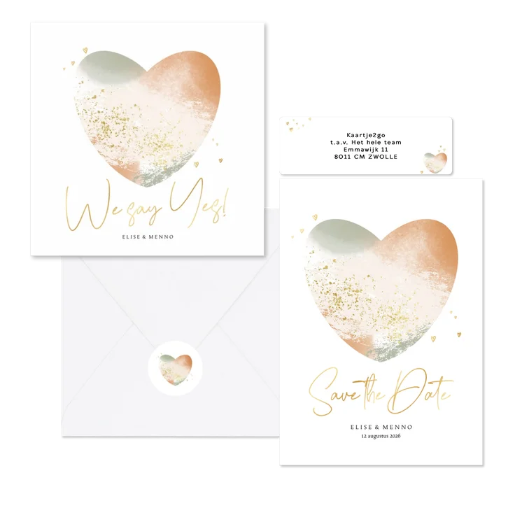 Trouwset met abstract hart van verfstroken