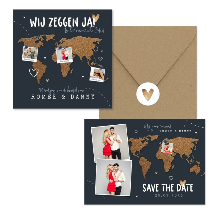 Trouwset met wereldkaart van kurk en foto's