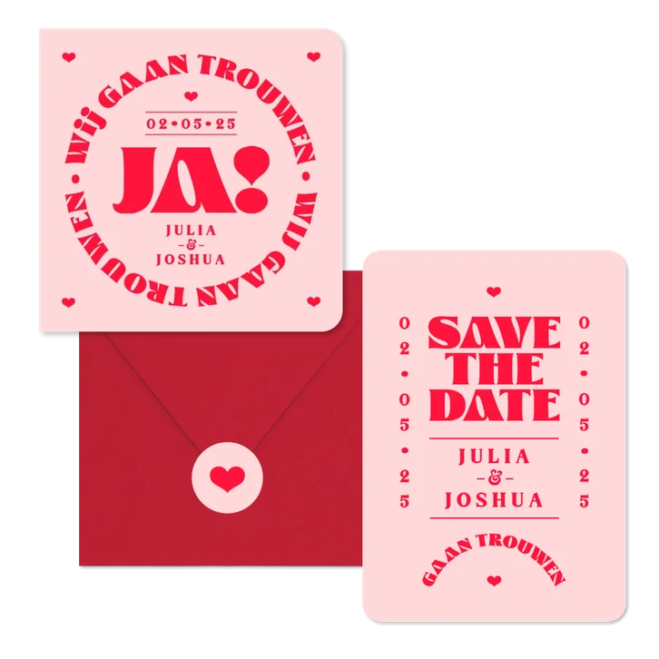 Trouwkaarten set modern typografisch romantisch hip roze rood