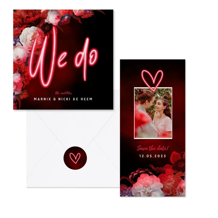 Neon trouwkaartenset met bloemen