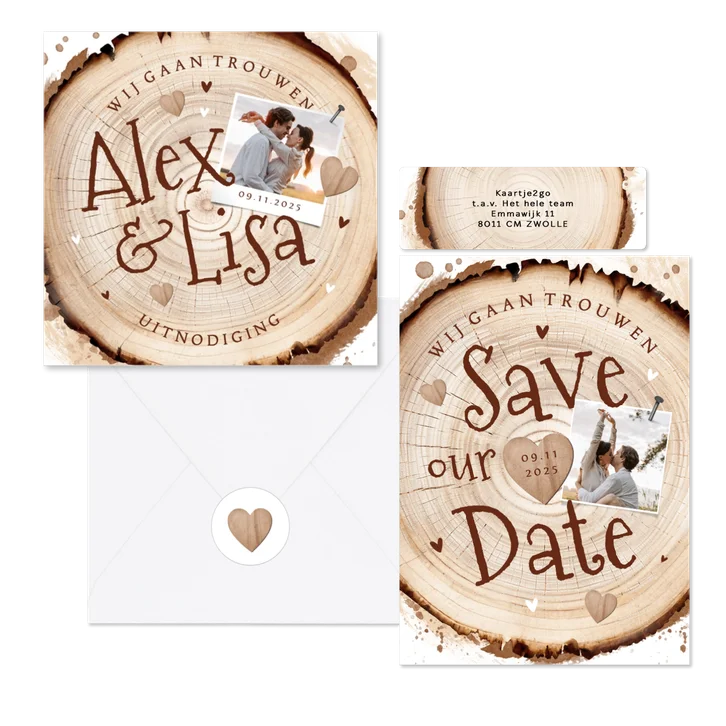 Trouwset houtlook boomstam natuurlijk hartjes