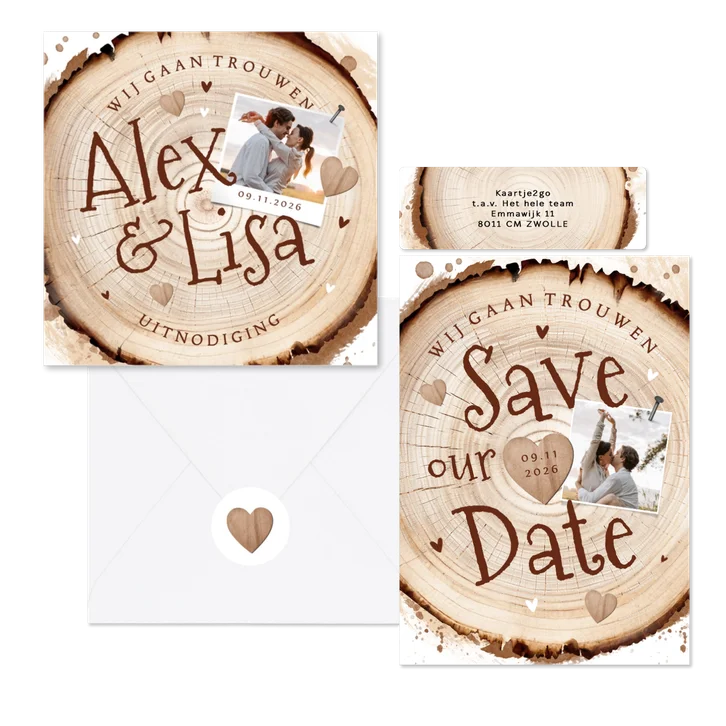 Trouwset houtlook boomstam natuurlijk hartjes