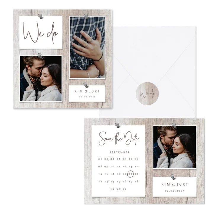 Trouwset fotocollage hout met foto's spijkers