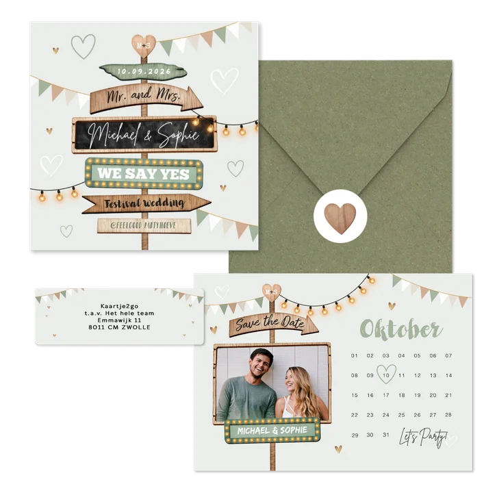 Festival thema trouwset met houten wegwijzers