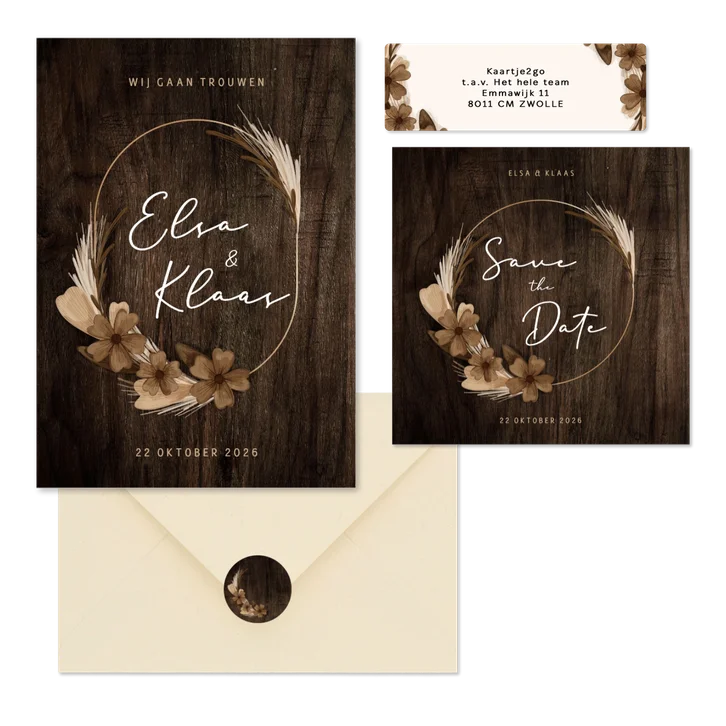 Trouwset houtlook met kader van droogbloemen