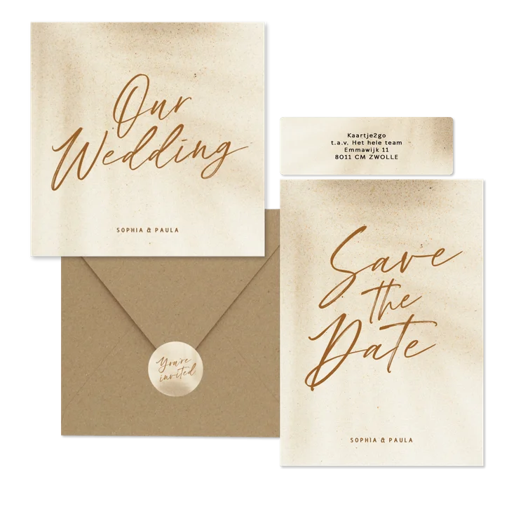 Trouwkaartenset natuurlijk in zandkleur