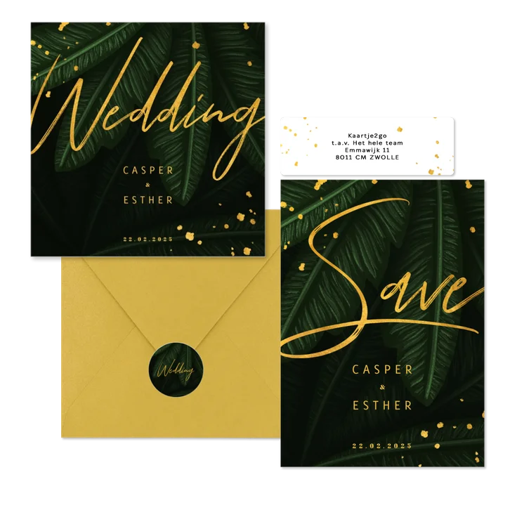 Trouwset met jungle bladeren en gouden tekst