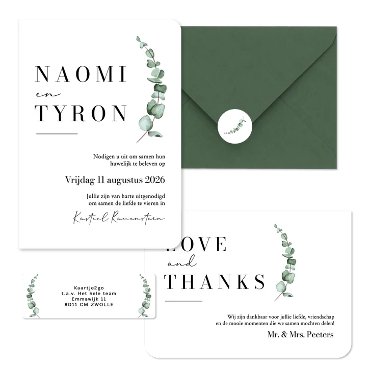 Trouwkaarten set klassiek stijlvol eucalyptus waterverf grafisch