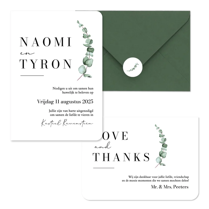 Trouwkaarten set klassiek stijlvol eucalyptus waterverf grafisch