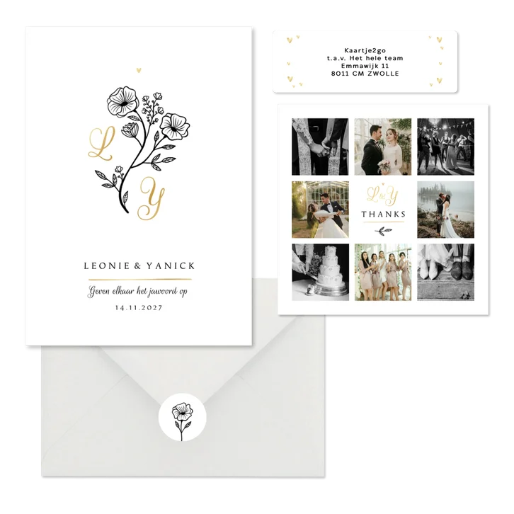 Trouwset klassieke bloemen goud initialen