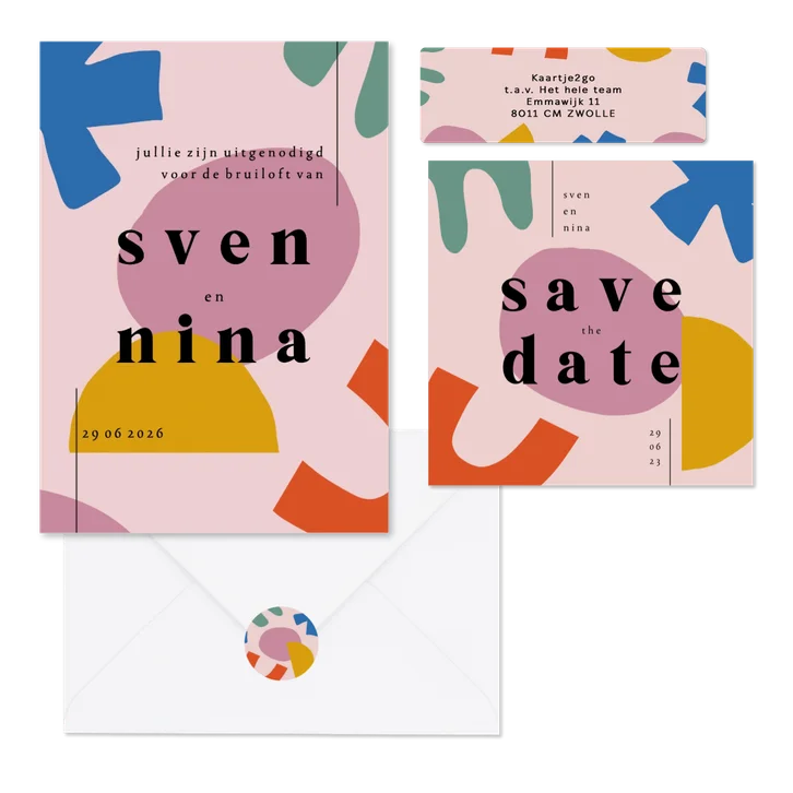 Trouwset kunstzinnig, abstract en kleurrijk