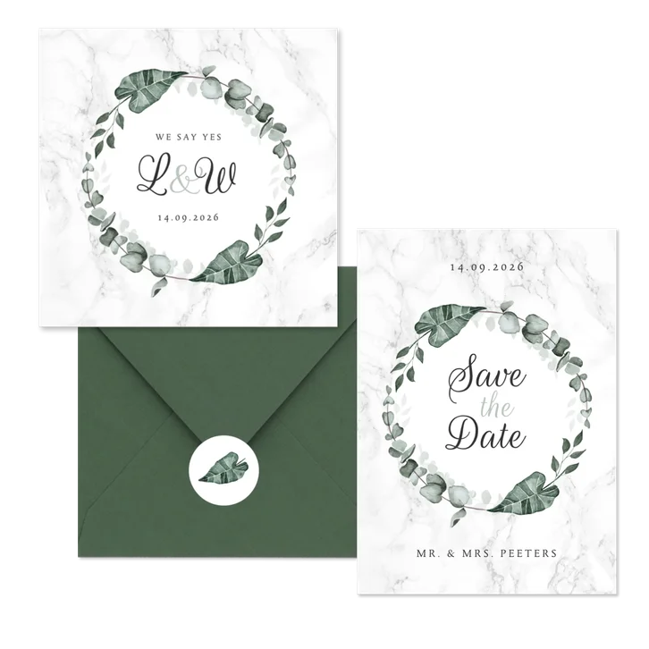 Trouwkaarten marmer en eucalyptus bladeren