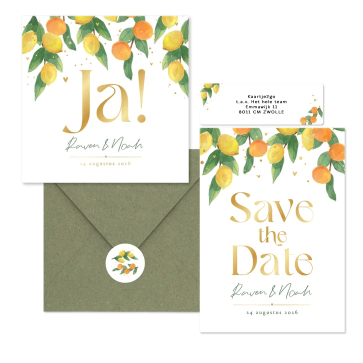 Trouwkaarten mediterrane zomer citroenen mandarijnen fris waterverf goud