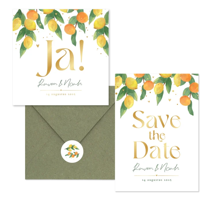 Trouwkaarten mediterrane zomer citroenen mandarijnen fris waterverf goud