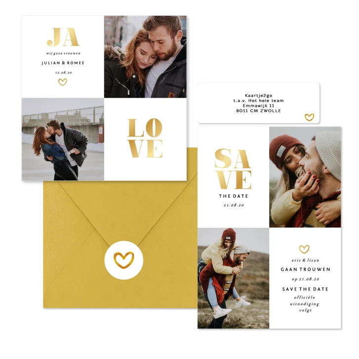Stijlvolle trouwset met fotocollage in wit en goud