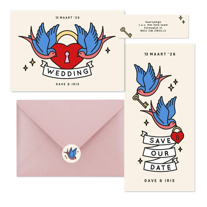 Trouwkaarten met tattoo stijl illustraties