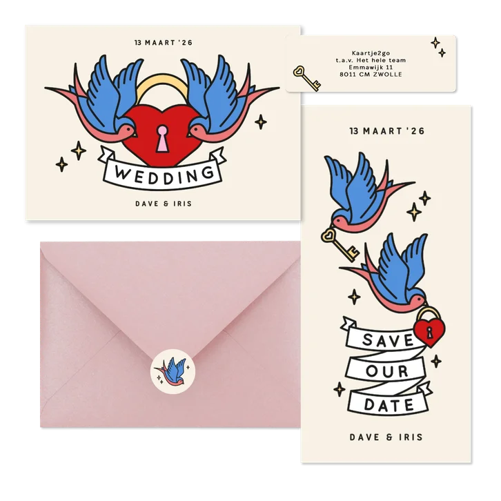 Trouwkaarten met tattoo stijl illustraties