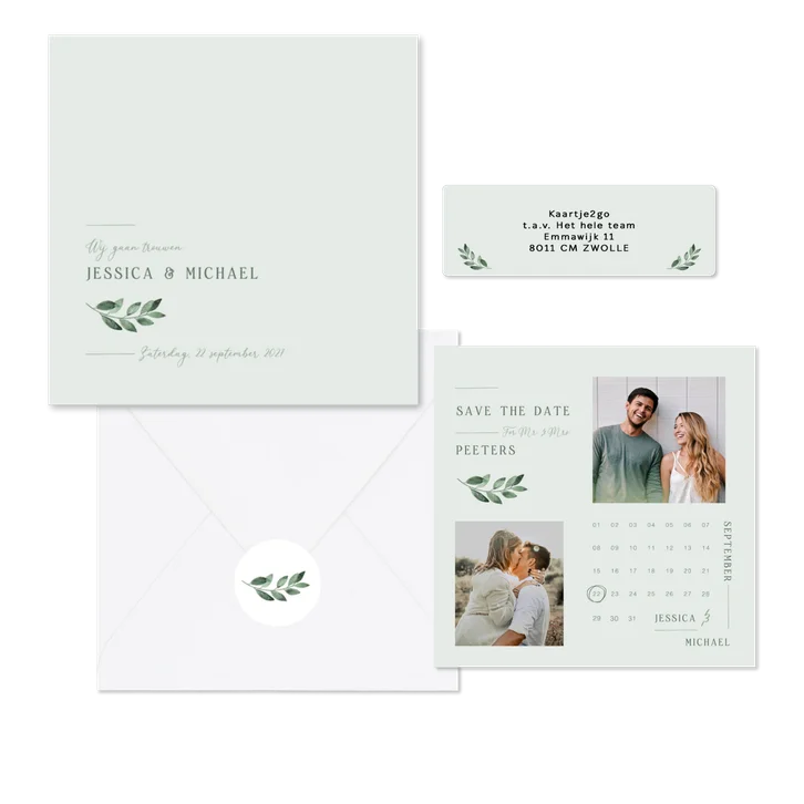 Trouwset minimalistisch groen waterverf takje