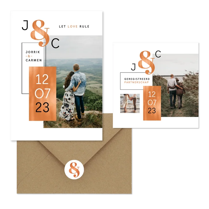 Moderne grafische trouwset met eigen foto's