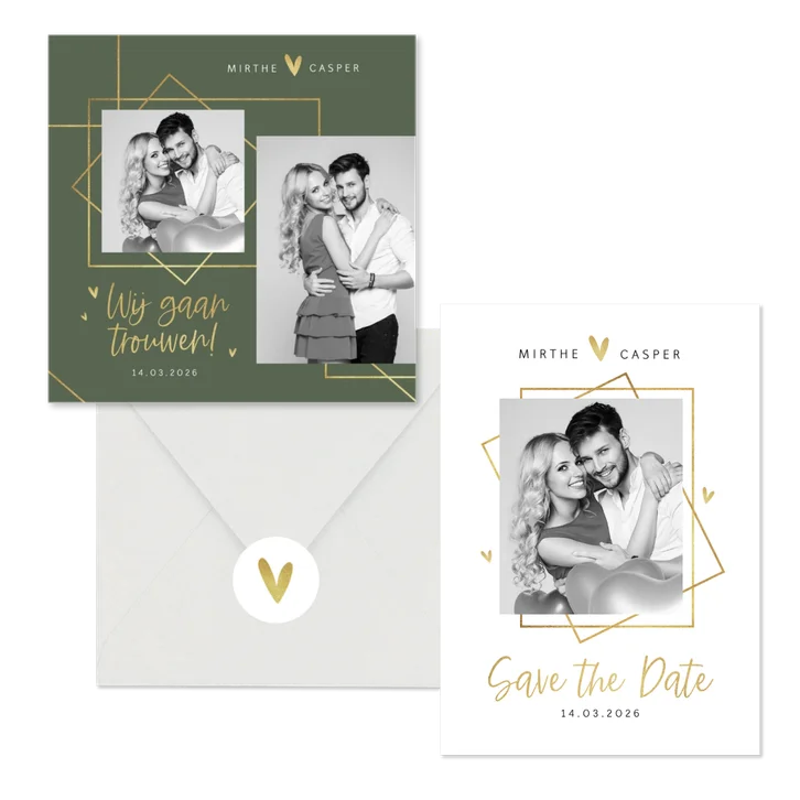 Trouwkaartenset goud hartjes grafisch modern