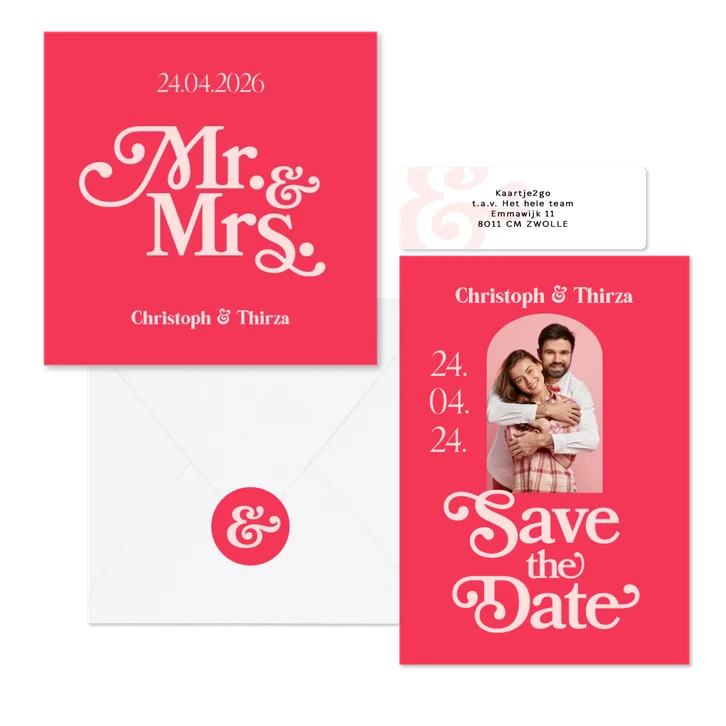 Trouwkaartenset grafische moderne set felroze