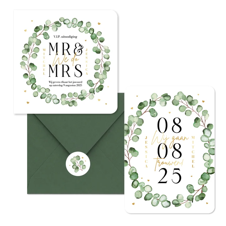 Trouwkaarten set eucalyptus stijlvol hip modern hartjes goud romantisch