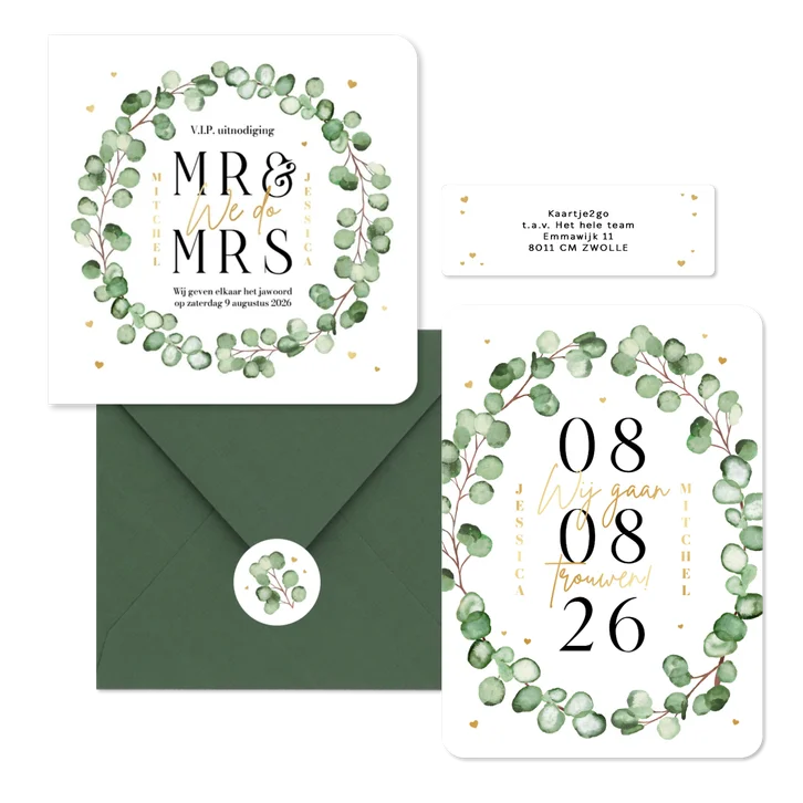 Trouwkaarten set eucalyptus stijlvol hip modern hartjes goud romantisch