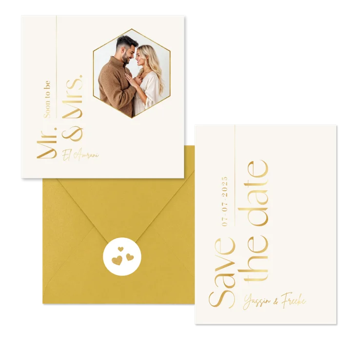 Trouwkaarten set tijdloos stijlvol goud typografisch