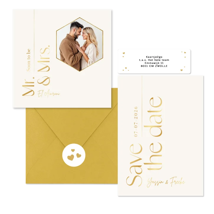 Trouwkaarten set tijdloos stijlvol goud typografisch
