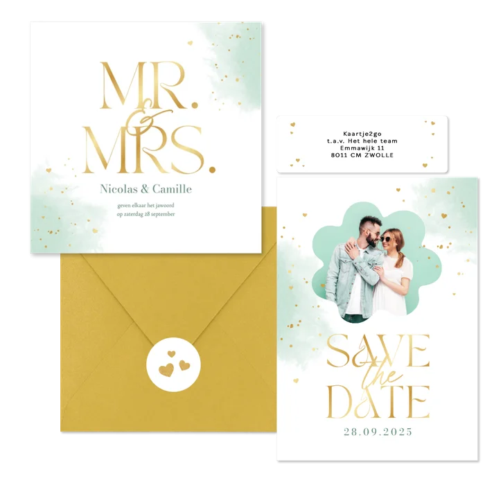 Trouwset waterverf mint spetters hartjes goud