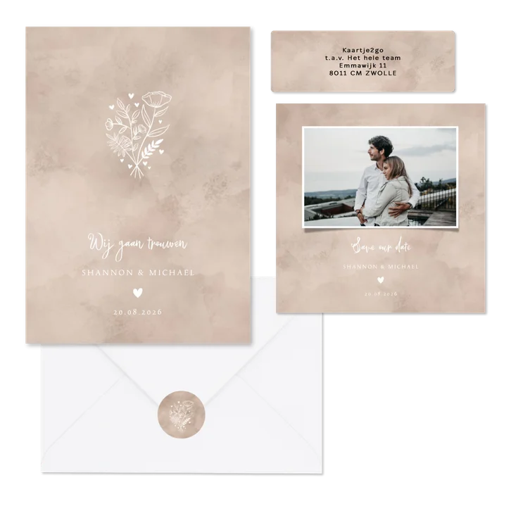 Beige trouwkaartenset bloemetjes en hartjes