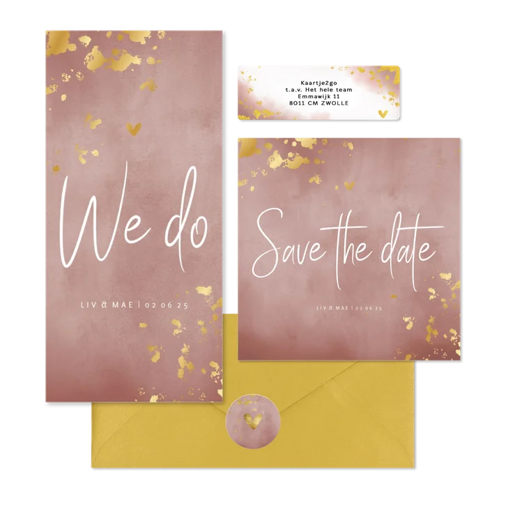 Trouwset oud roze waterverf en spetters goud