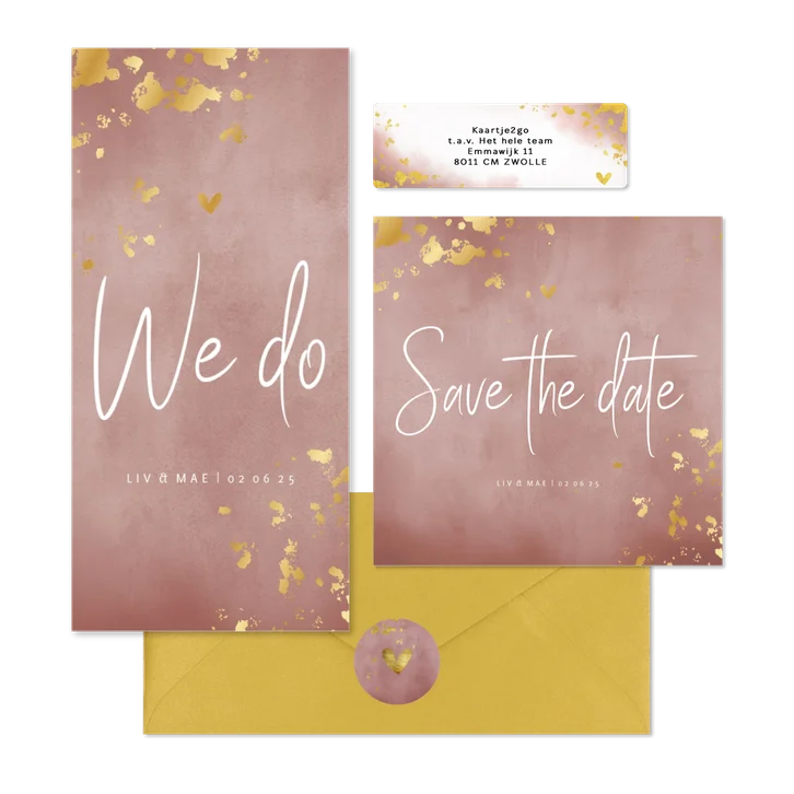 Trouwset oud roze waterverf en spetters goud