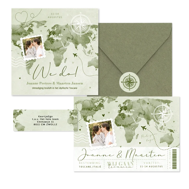 Trouwset wereldkaart waterverf groen paspoort