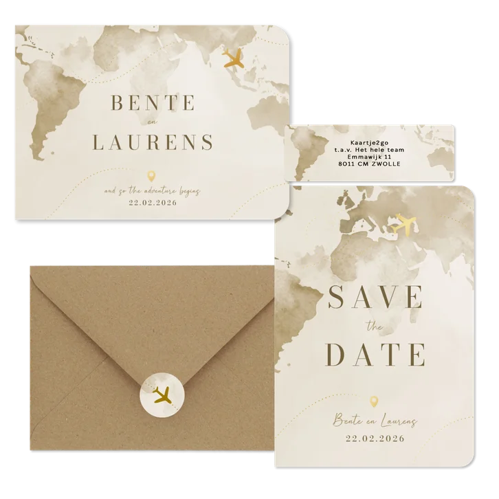 Trouwset reisthema waterverf wereld vliegtuig