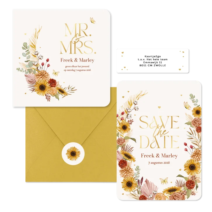 Trouwset romantisch bohemian droogbloem goud